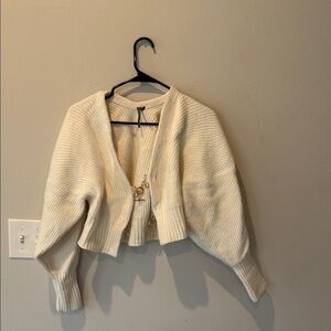 Anthropologie Cream Cropped Ribbed Cardigan with Chain Detail